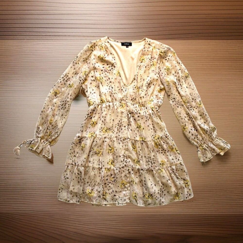 AaKaa Size Large Lightweight Tiered Cream Floral Babydoll Mini Dress Boho